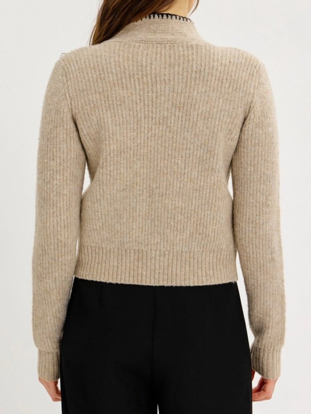 NWT COMMENSE | Tie Neck Contrast Trim Wool Blend Cardigan - Picture 7 of 9